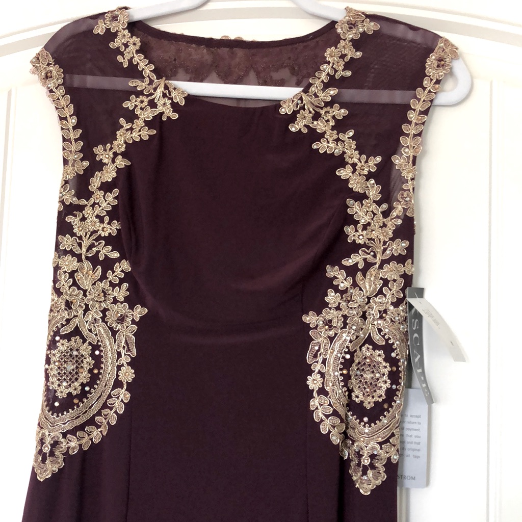 Xscape Burgundy Dress With Intricate Floral Beads